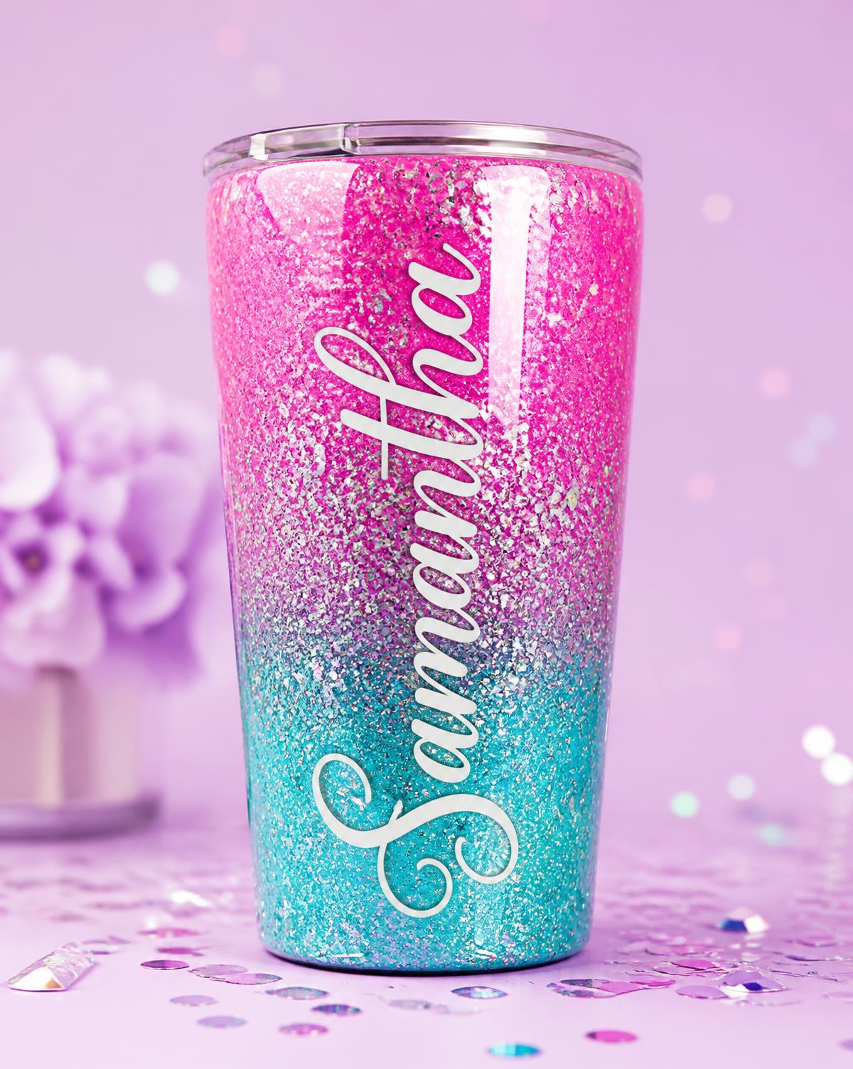 Personalised glitter tumbler with a pink and aqua ombre finish and a name in white script